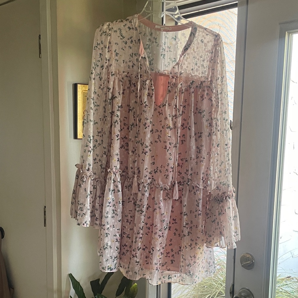 Tularosa Sheer Pink Floral Tie-Front Boho Tunic
